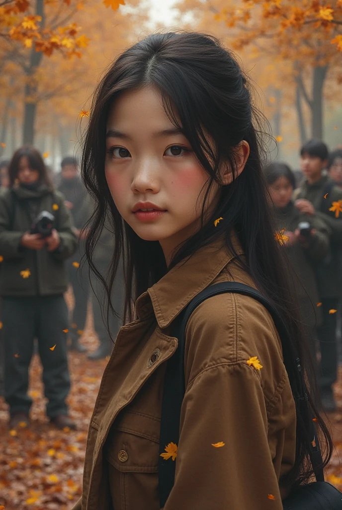 Photorealistic girl. from afar. Inconspicuous autumn all around. The crowd admires in the background