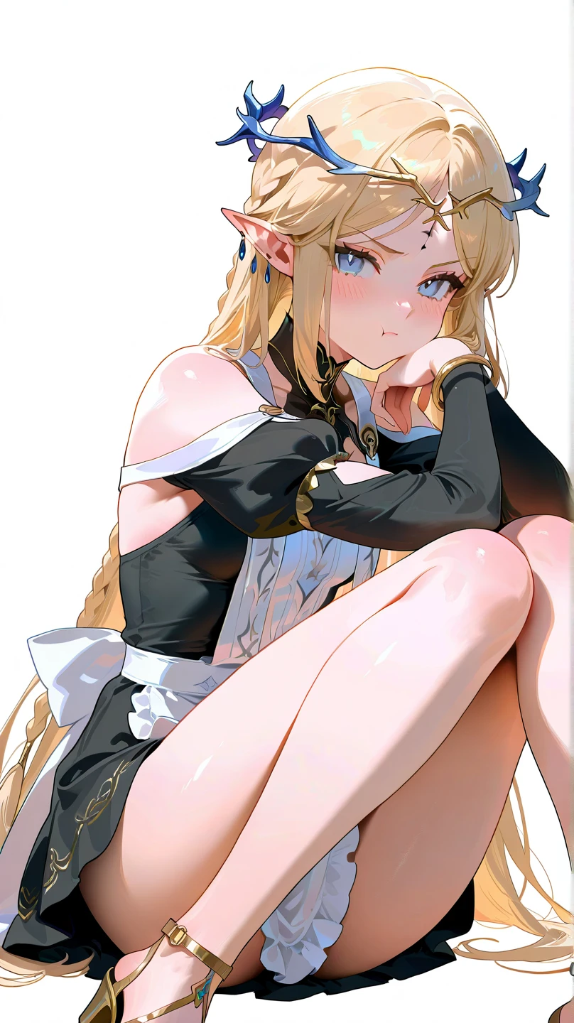 Barely,((masterpiece, Highest quality)), Detailed face, Character Sheet, peeing, squatting, ((((Emphasizes sexy crotch:1.35)))、((((Spread your legs wide、Touching the thigh、Lots of pubic hair revealing the crotch、large pointy breasts)))), Embarrassing, blush,Yellow pee, (sweating:1.4),nude, Peeing
