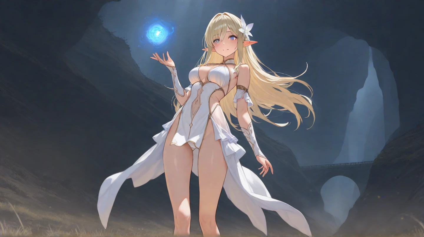 2D illustration, anime style, beautiful girl, elf, , blonde, blue eyes, hair ornament, smiling, chest open, whole white ultra-thin fabric, see-through ancient style robe, (without panties)), (the tip of the chest is protruding)), (the entire chest is showing through), floating hem, holding a magic wand in one hand, collar, bangle, anklet, bare feet, ((Close-up of a person, Low angle, crotch up, exposed closed crotch, crotch droplets)), wet body, wet clothing, dungeon passage, wind blowing, ambient occlusion, halation