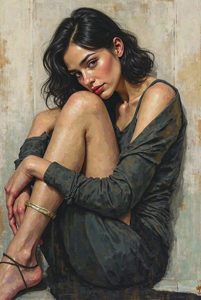 The focus of cubism art should be on the girl who is sitting and her head is on the knee image show  from front