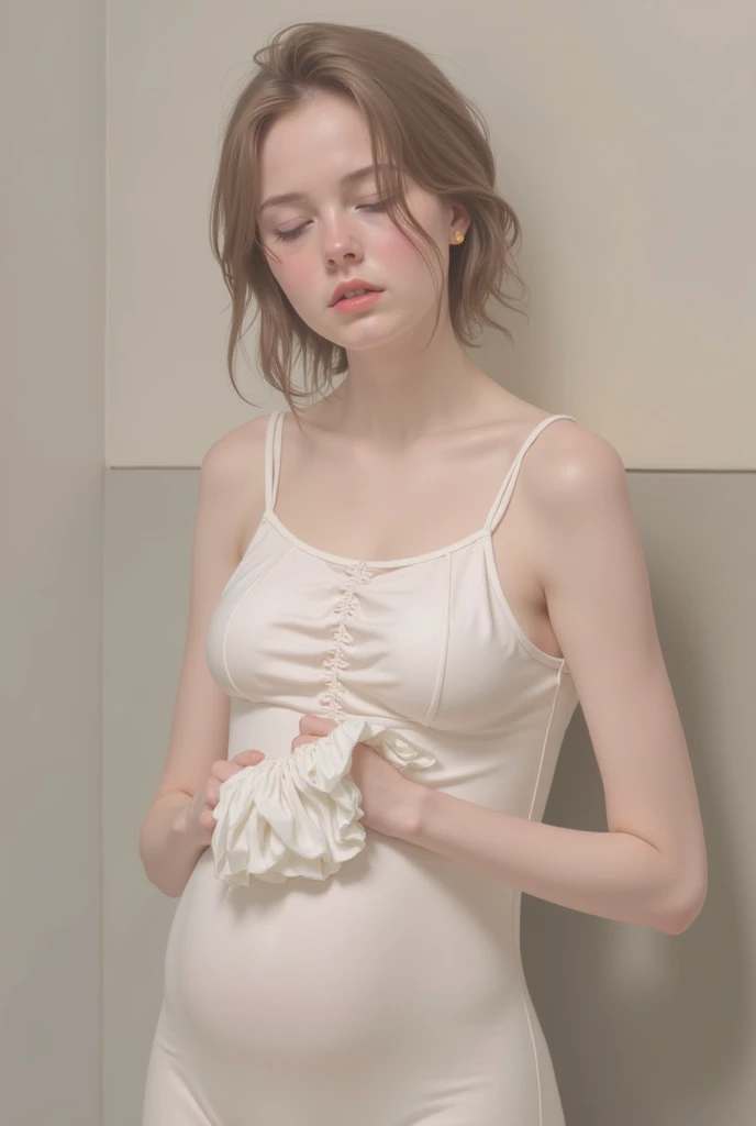 (best quality,hyper-realistic,ultra-detailed,8k), ager, fifteen years old, shy, sad, paleness, big blue eyes, very white skin, small nose, very short brown hair with bangs, melancholy, delicate, feminine, skinny body, ballet Pink room, White dress.