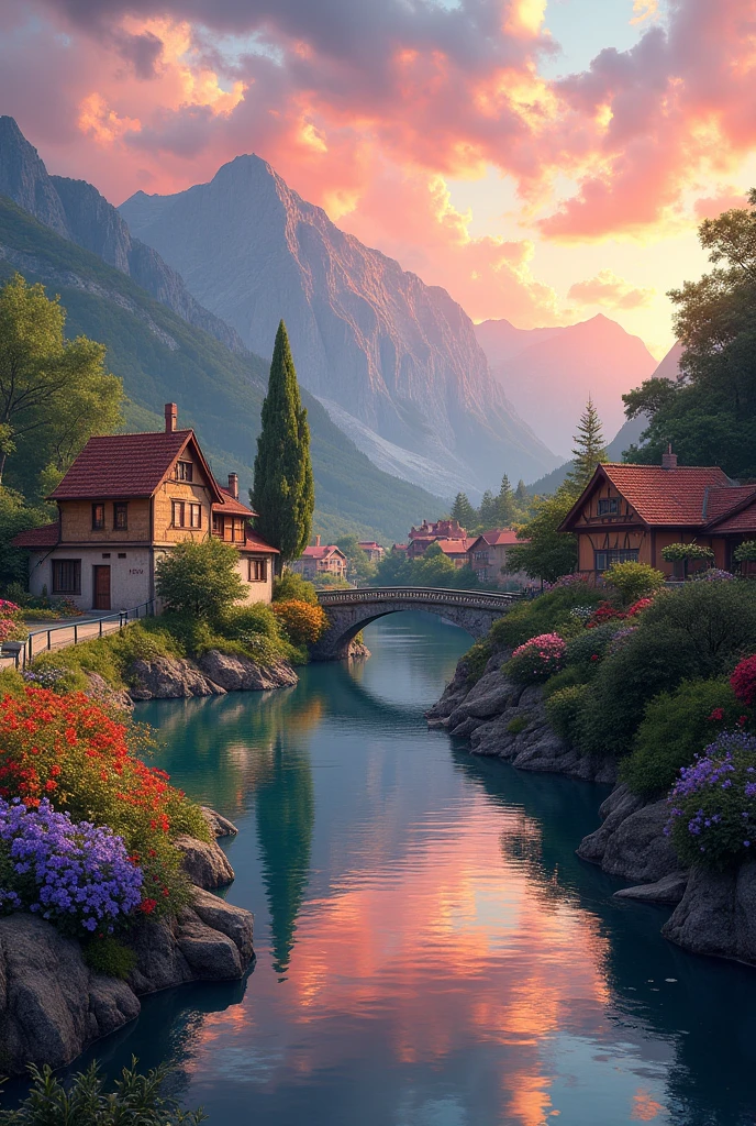 a small village by the river, mountains in the background, floral flowers colorful, detailed landscape, Beautiful natural landscapes, atmospheric lighting, scorching sunset, warm colours, practical, photopractical, Detailed Foliage, complex buildings, cobblestone street, Charming country house, swirly vibrant colors, lush vegetation, Still water reflections, Picturesque, idyllic, work of art, best qualityer, 8k, extremely detaild,anime styling
