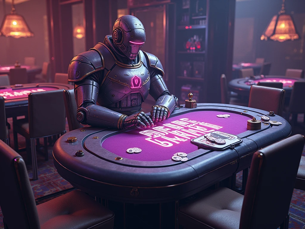 futuristic robot with led, robot with gray green led, playing casino, casino roulette, casino chips falling around, money on table, big table, black table, dark casino background, with deck, dark background, red table, dark background, behind dark robot, background behind blue robot, with neon led, robot with led, robot with neon, deck on top of table
