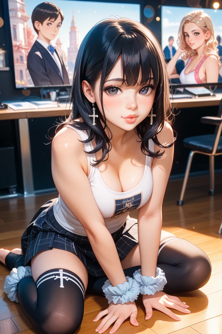 white large plainTshirt)),((Navy blue bloomers)) 、huge breasts、ponytail, japanese girl, 8K, ((full body shot)), highest quality, masterpiece, realistic, Photorealistic super detail, one girl, cute, best smile, beautiful eyes, long hair, perfect face,full body shot