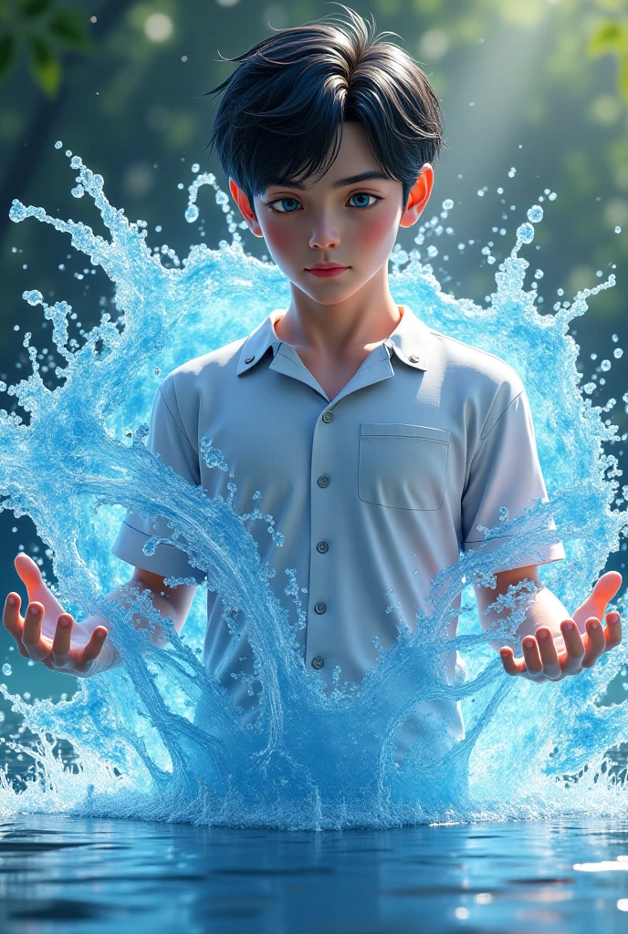 boy controlling water with his powers at will, floating, powerful, blue and purple background