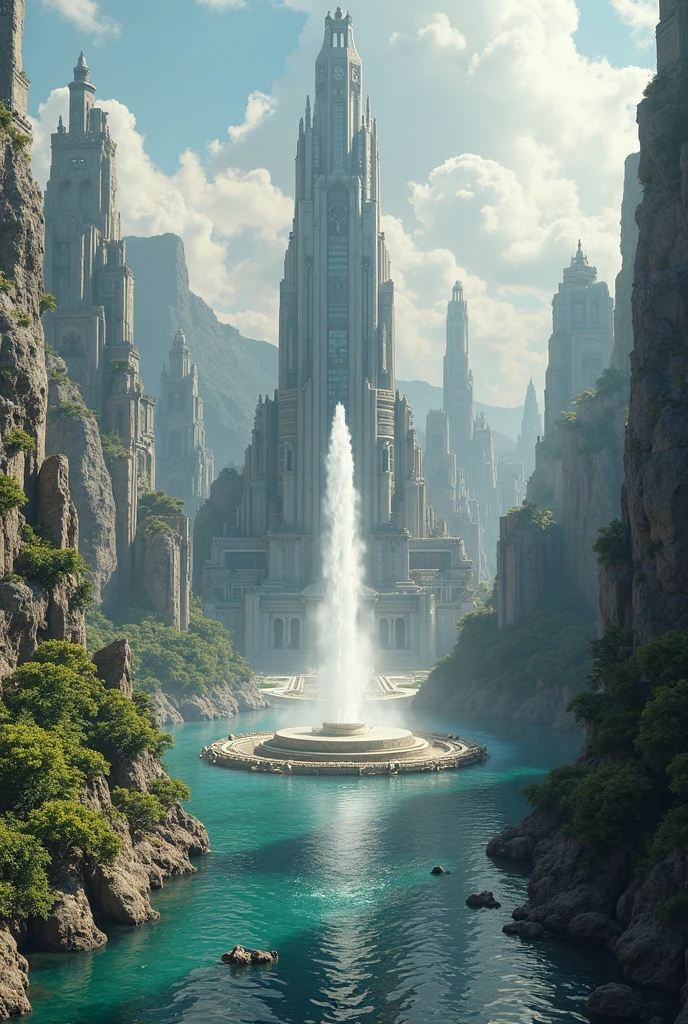 there is a large city with a fountain in the middle of it, fantasy capital city, huge futuristic temple city, in fantasy sci - fi city, fantasy city background, fantasy cityscape, stuning fantasy 3 d render, fantasy city, big and structured valhalla city, unreal engine fantasy art, ancient sci - fi city, city of atlantis, the city of atlantis