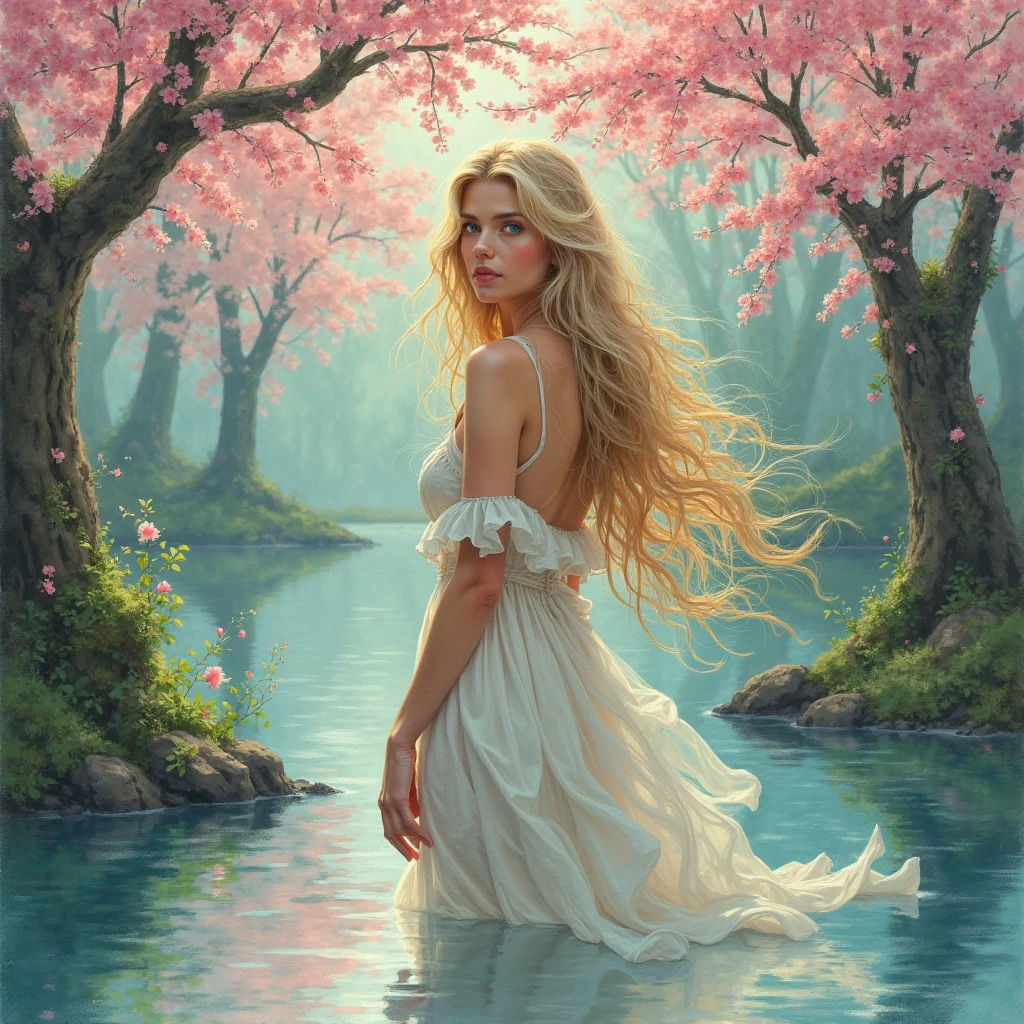Beneath a verdant forest canopy filled with blooming cherry blossoms, a stunning woman with cascading blonde locks stands by a calm pond. Her captivating sapphire eyes mirror the peaceful scene around her. Gentle pastel hues and intricate brushwork create a dreamy atmosphere, evoking a sense of tranquility and enchantment.