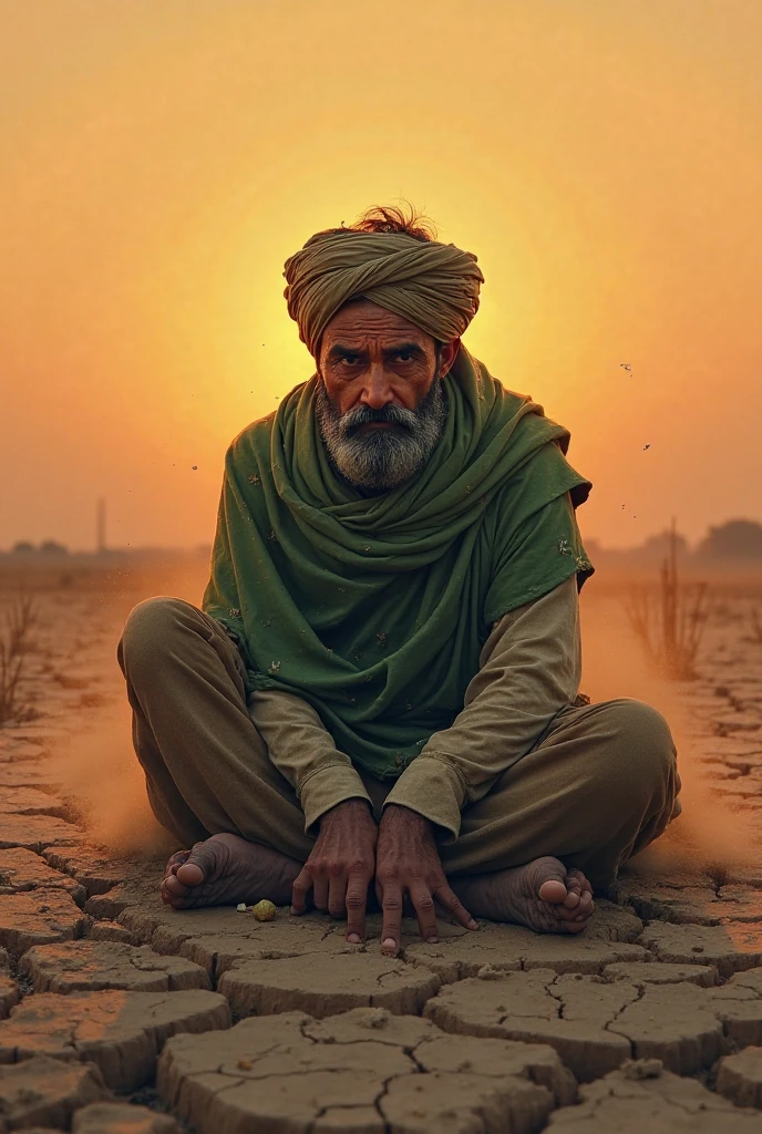  Raju's Worry (پریشان راجو)**
**Prompt:** *"A young Punjabi farmer sitting in dry fields looking depressed, cracked soil around him, faded green shawl, dramatic sunset colors"*  