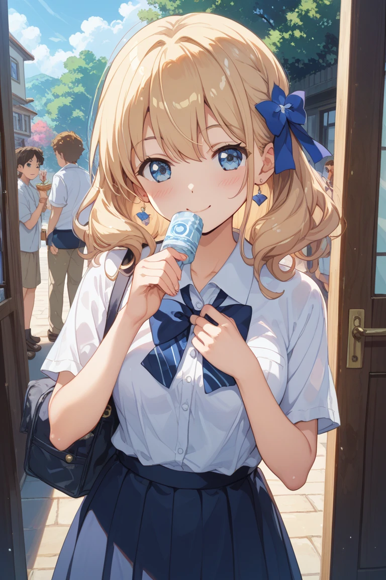 (Highest quality,8k,32K,masterpiece,Ultra-high resolution :1.2 ),born,One person,Super cute,Natural light,Clear, shining eyes,20-year-old,Fair skin,School Road Digital World Fantasy Background,ponytail,uniform,Tank top,ribbon,mini skirt,Small breasts,Upper body naked,Sailor suit,Eating ice cream,Popsicles,Holding his face in his hands,Wiping away sweat,Glancing at me,Summer sky,It&#39;s bright outside,Fantastic lighting