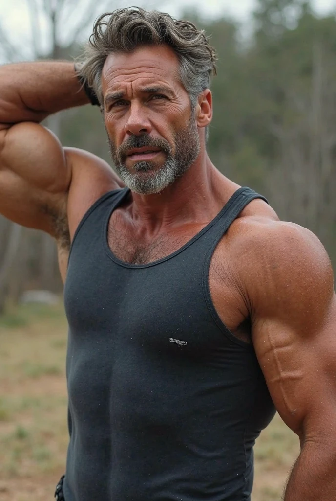 50 year old fit man shirtless big pecs tied up to wall, hands over head, very hairy chest, mustache