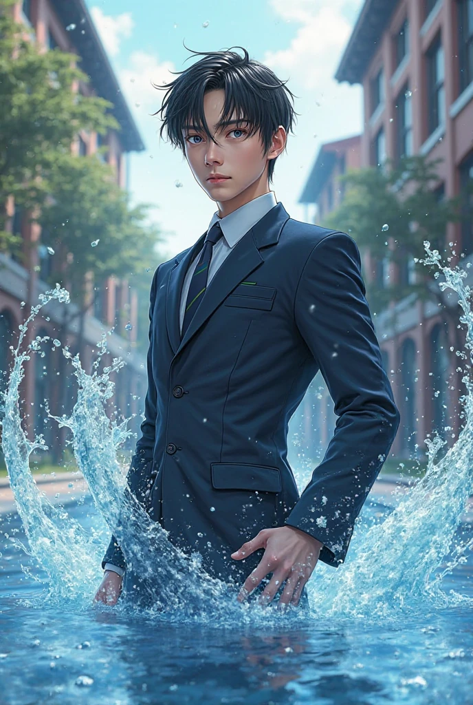 handsome guy wearing school uniform has water powers