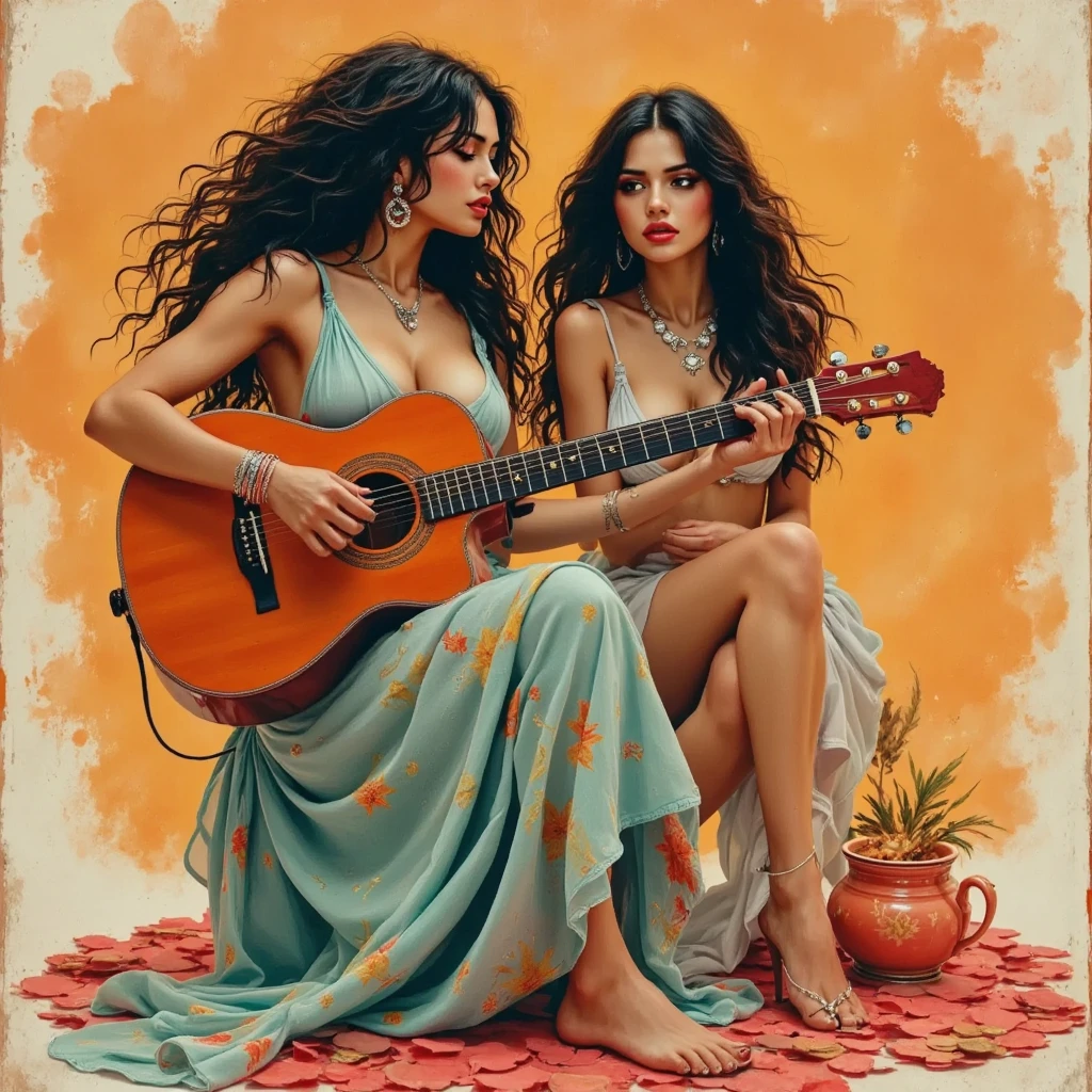 a painting of 2 Mexican women with long different color hair and jewelry, una hermosa woman, Beautiful lady, fantasy woman, : fantasy, karol behind uhd, beautiful character painting, beautiful woman, Realistic image of a Sexy long haired  mature woman, light-skinned African American, long black hair 3, very large breasts and large buttocks size 42DD. is in a futuristic room, a starry background Face portrait of a woman with long dark brown curly hair with blonde highlights, light brown skin and detailed  eyes, wearing social blouse, drinking coffee with blurred background, best quality masterpiece, photorealistic, detailed, 8k, HDR, shallow depth of field, wide light, high contrast, backlighting, bloom, light glows, chromatic aberration, sharp focus, RAW color photo Textures: 1.5, gold: 1.1, white: 1.3, red: 1.3, 1girl, sexy, tattoos, voluptuous, exotics, , (power puffer clothes: 1.2), 3d graffitti, abstract, lines, (batik), background circles, by Adam Hughes, art by Jay Anacletowith two moons, She wears mini shorts, White color, Light blue low-cut top with star and planet details.