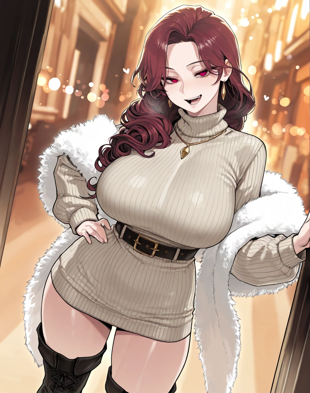 Masterpiece, love live,sexy,alp artstyle,facial details,solo, detailed body part details, cowboy shot,embarrassed, vergin killer sweater, big breasts,8k wallpaper, looking away, nishikino maki, earrings,in street,snow, purple eyes, half closed eyes,red hair ,wall ,pov