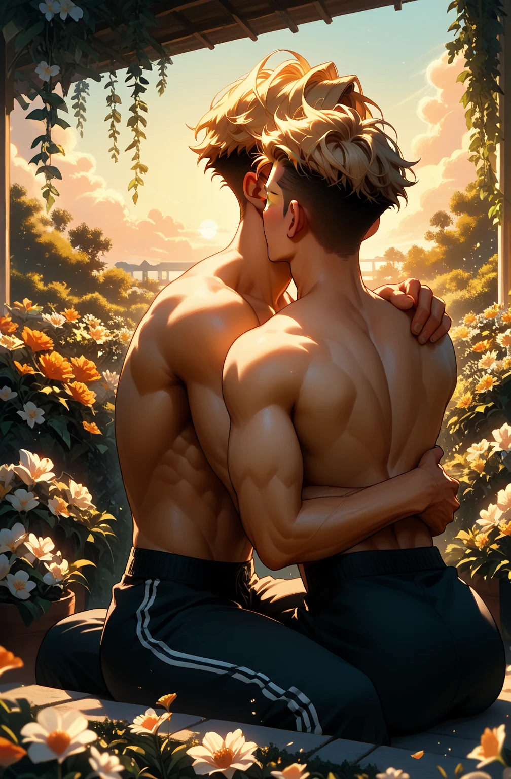 best quality, masterpiece, extremely detailed, sexy, homoerotic, close up, 2 men, extremely handsome, muscular bodybuilders, carry fuck, aggressive anal penetration, dripping cum, cum strings, in lush garden, extremely magical romantic atmosphere, ambient lighting, dramatic shadows, perfect face, perfect hand, perfection