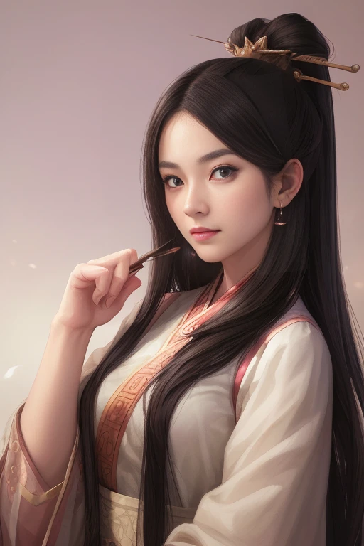 1 girl in, meme, fine eyes, look at the audience,  Incredibly Long Hair , black hair, 
Upper body, chinese clothes, Hanfu, , cleavage,( Open your clothes :1.4), Magical face, wearing cosmetics 、 Red Clothes,（Watercolor Painting）