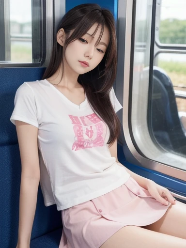 1 beautiful woman, large body, chubby, dark-haired lady, 40-year-old lady, closed eyes, dark-haired woman, mole near the lips, made-up face, long eyelashes, short ponytail, red hair at the ends, made-up eyelids, eyelids outlined with makeup, open mouth, zero-sleeve pink T-shirt, TURQUOISE PANTS, small HOOP-shaped earrings, black bag, asleep with her mouth open, asleep leaning on the train seat, arms drooping, head bowed, nodding.