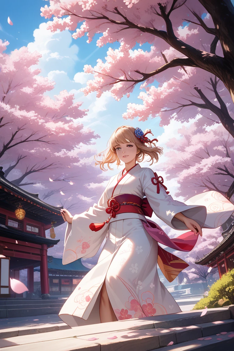 Final Refined Fantasy Prompt (with light and beauty): A beautiful anime-style girl with large, expressive eyes and delicate features, wearing an ornate, traditional kimono with mystical patterns. She stands beneath ancient cherry blossom trees, viewed from a low-angle perspective, as sakura petals swirl around her in the wind. Each petal is beautifully detailed, glowing softly, and drifting with the breeze. A soft, divine light envelops her, creating a glowing aura that bathes the scene in warmth and serenity. Her hair and kimono flow gracefully in the wind, and the light seems to dance along with the petals, highlighting her ethereal beauty. The background is filled with the soft glow of sunlight filtering through the cherry blossoms, creating a mystical and otherworldly atmosphere. The scene radiates beauty, tranquility, and the quiet power of nature. Ultra-detailed, anime face, cinematic lighting, Wafuu fantasy, wind movement, realistic sakura petals, soft glowing ambiance.
