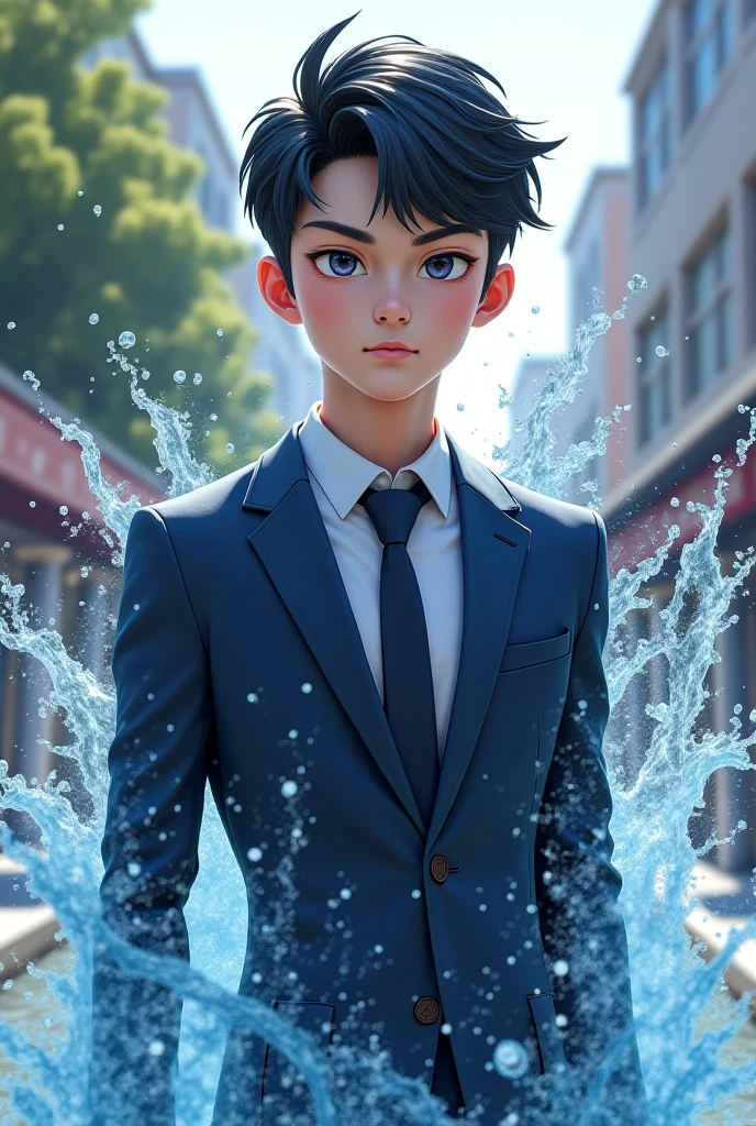 handsome guy wearing school uniform has water powers not look like cartoon