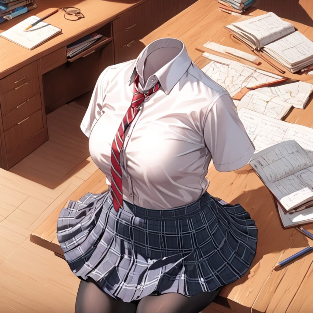 (invisible:1.5, no humans:1.5, headless:1.5, faceless:1.5), (plaid skirt, school uniforms, raised shirt, black pantyhose, studying:1.2), (big breast), (best quality, masterpiece:1.2), detailed cloth texture, detailed anime, super fine illustration