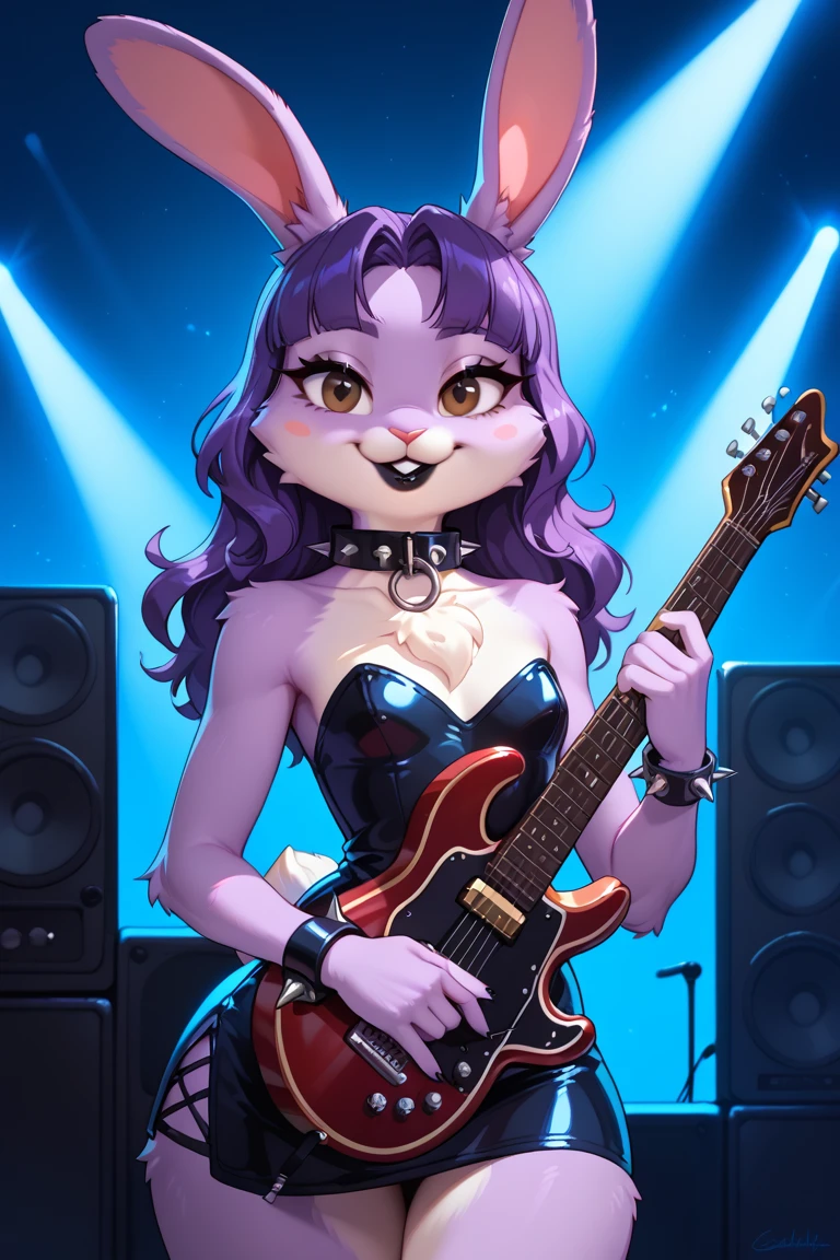 A detailed, source_furry, BREAK, anthro, girl, solo, furry woman with long wavy purple hair, sunny meadow, Furry bunny, bunny ears, bunny tail, brown eyes, lilac fur, purple fur, body is purple with white chest, her fur is light purple. Petite, black cocktail dress, small chest that’s extra fluffy, wide hips, curvy, mature, tuff cheeks, playing guitar, black guitar, metal music, on stage, metal concert, bright lights, one speaker, black lipstick, black eye shadow, spiked collar, spiked bracelets, High quality, 8K, by swaybat, by reysi, by Zackary911, by fumiko, by Pixelsketcher