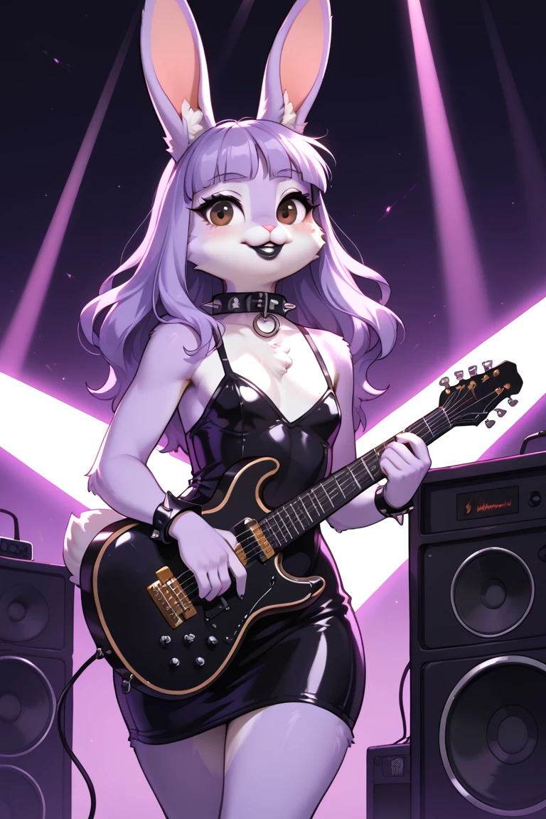 WhiteDog,Animal anthropomorphism,female,SOLO,furry(dog),Wear a black tank top and hot pants,plays the electric guitar,Rock stage
