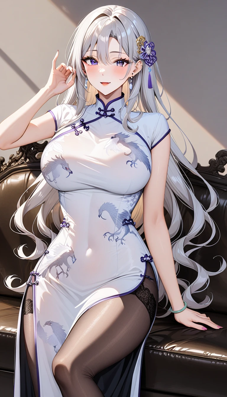 1 girl, (Low style: 1.5), bangs, lips, dress, Long Hair, blue eyes, High thighs, Off the shoulder, Low style Chinese dress, chinese garment, lipstick, Realistic, Rose, jewelry, Earrings, Curly Hair, flower holding, gloves, elbow gloves, white gloves, compensate, White thighs, Gray Hair, flower, Are standing,