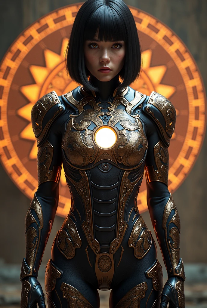 （Photorealistic 1.4）、1 girl, (Iron Man:1.2)Japanese woman wearing multiple layers all over her body( Orichalcon Heavy Metal :1.2)、複雑な形状のIron Manスーツを詳細に再現、Add a complex mandala pattern to the suit、Make the mandala pattern glow black、no underwear、(( Insanely Detailed Kongo Weapons 、Kameru：1.4))、perfect anatomy、Marvel's worldview、Detailed mandala background、Glowing Skin、Nipples、black hair、Straight Short Bob Cut Hair、 Please make your head smaller、full body、