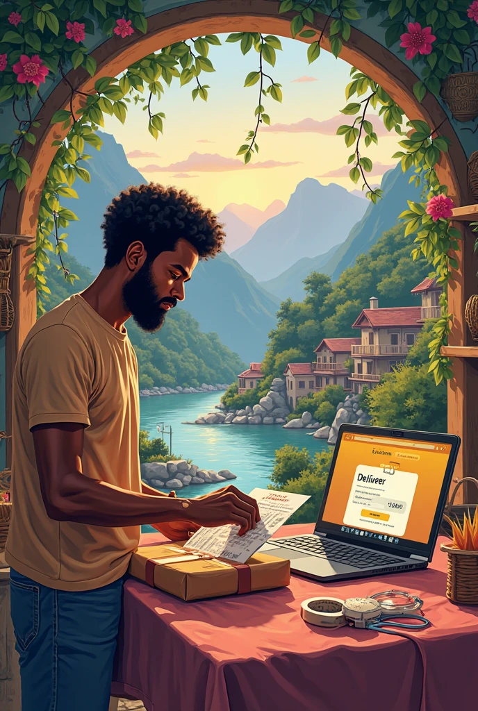a small village by the river, mountains in the background, floral flowers colorful, detailed landscape, Beautiful natural landscapes, atmospheric lighting, scorching sunset, warm colours, practical, photopractical, Detailed Foliage, complex buildings, cobblestone street, Charming country house, swirly vibrant colors, lush vegetation, Still water reflections, Picturesque, idyllic, work of art, best qualityer, 8k, extremely detaild,anime stylingGenerate a realistic photo of a male seller in a small workshop, preparing a package for delivery. He’s printing a shipping label from a laptop, with a package containing a handwoven scarf on the table, ready to be sealed. The laptop screen shows a tracking map with a 'Delivered' notification in yellow (#F1C40F). On the table, there’s a roll of tape and a pair of scissors, adding a practical touch. The background features a teal wall (#2E5A5A) with a shelf holding more culturally inspired products like woven bags. The scene should feel organized and efficient, with natural lighting and a warm, hands-on atmosphere, capturing the satisfaction of seamless delivery.african or light skinned