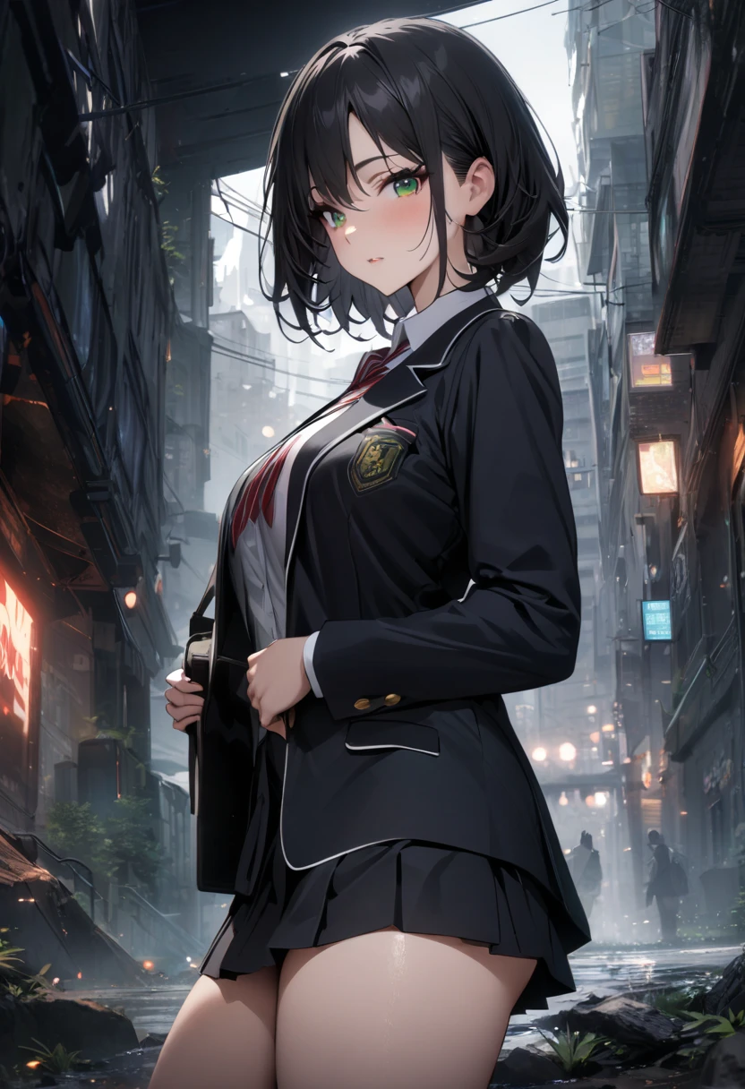 Girl, long black hair, fair skin, green eyes, mature, school uniform, short skirt, dark environment, city background,aesthetic, artistic, masterpiece, high resolution, high quality. 