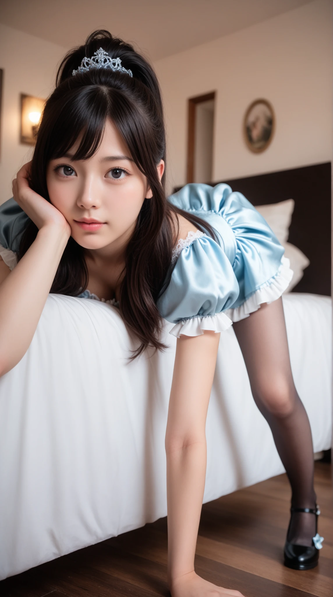 8k, Highest quality, Realistic, Very detailed、A simple white room、Young and beautiful girl、Fluffy carpet、Large Breasts、I can see the cleavage、She is wearing a sexy black Chinese dress、Blue cheongsam with dragon pattern、All fours pose