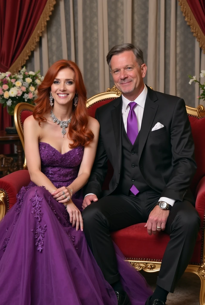 A red-haired woman in a princess-style wedding dress and a black-haired man in a black suit and blue tie