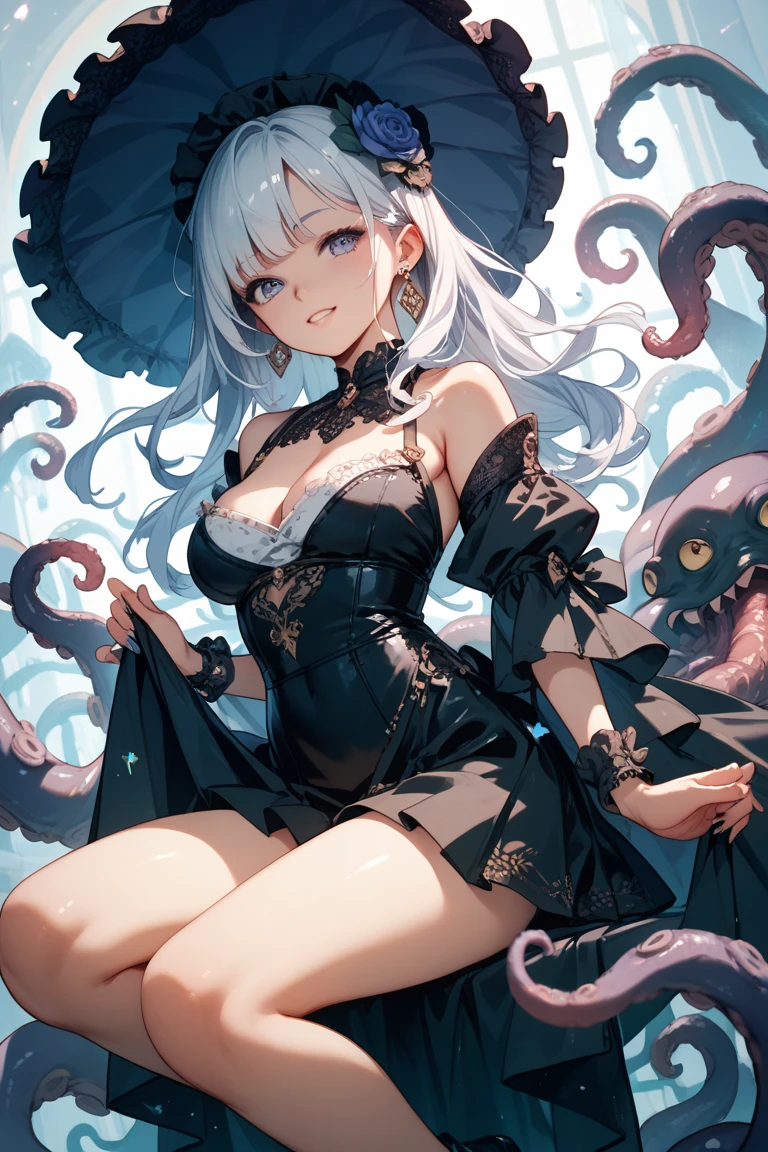 (((best quality))), (((masterpiece))), (Ultra-detailed:1.3), (Highres), Amazing, intricate, illustration, (artgerm:1.2), (((extremely detailed wallpaper 4k CG unity))), official art, original, intense angle, sunlight, (high contrast:1.2), (colorful), cinematic lighting, (an extremely detailed and beautiful:1.33), ((young petite female model)), (cute:1.33), sitting, ([diamond:1.3|eyes]:1.2), big round eyes, v-shaped_eyebrows, long white eyelashes, (seductive laugh), ([opal:1.9|gradient_hair:1.3]:1.2), (hair dripping:1.25), (detailed super oily shiny skin:1.2), (skin dentation:1.2), ([wet:0.8|mucus]), armpits, (detailed hands and fingers:0.9), simple clothes, backless, (pleats:1.2), cross_necklace, (white lavender [school open back plunging shirt:0.3]:1.3), (medium breasts:1.15), (innerboob cutout:1.2), (inguinal cutout), no panties, (sketch:0.8),the 2D anime girl sits on a giant toadstool, surrounded by giant mushrooms and colorful butterflies,no shoes,(wet) clothes,(wet) thighhighs,She has a curious and adventurous expression on her face,as she explores the strange and wondrous garden. (blush),Her hair is styled in pigtails, the color of candyfloss, adorned with a pair of oversized bows. She holds a lollipop in one hand, and a butterfly in the other hand. The atmosphere is whimsical and playful, it's clear that she is in her element and enjoying the moment of the fantastical garden.,specter \(arknights\), red_eyes 1girl, bangs, bare_shoulders, breasts, cloud, detached_sleeves, hair_between_eyes, long_hair, looking_at_viewer, medium_breasts, red_eyes, silver_hair, solo, very_long_hair, white_headwear(nsfw:1.0)(wet_clothes:1.3)(very_large_breasts:1.4)(female fluid ,steam,(blush,sound_effects,twitching,trembling,trembling,bouncing breasts,Untidy hair,steaming_body:1.1)   (cun in face:1.2)(nsfw:1.0) (nude:1.0)(nipples:1.5)(pussy:1.5)(stationary_restraints:1.2) plug, medium breasts,(looking at viewer:1.2)(spoken heart,spoken blush:1.2), juice:1.3),(female fluid ,steam,(blush,sound_effects,twitching,trembling,trembling,bouncing breasts,Untidy hair,steaming_body:1.1),(saliva:1.2),after_sex,(effect*_motion_blur:1.2)(cum in in face)(milking:1.0)(cun in of tentacles:1.5)(pubic tattoo:1.1)(tentacle_sex:1.5)(double penetration:1.2) (ass:1.1) , spector,