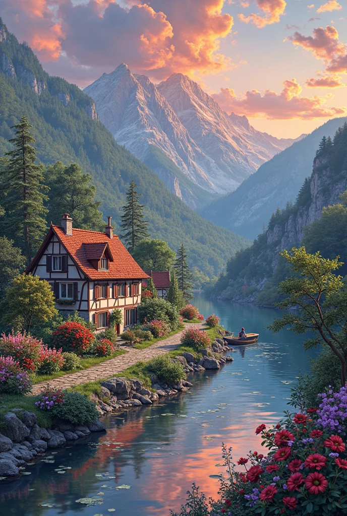 A small village by the river, color of the mountain in the background, colorful flower flowers, detailed landscape, beautiful natural scenery, atmospheric lighting, scorching sunset, warm colors, Practical, фотоPractical, detailed foliage, complex buildings, paved street, charming country house, swirl bright colors, lush vegetation, reflections on water, picturesque, idyllic, artwork, the best quality, 8k, very detailed, anime styling