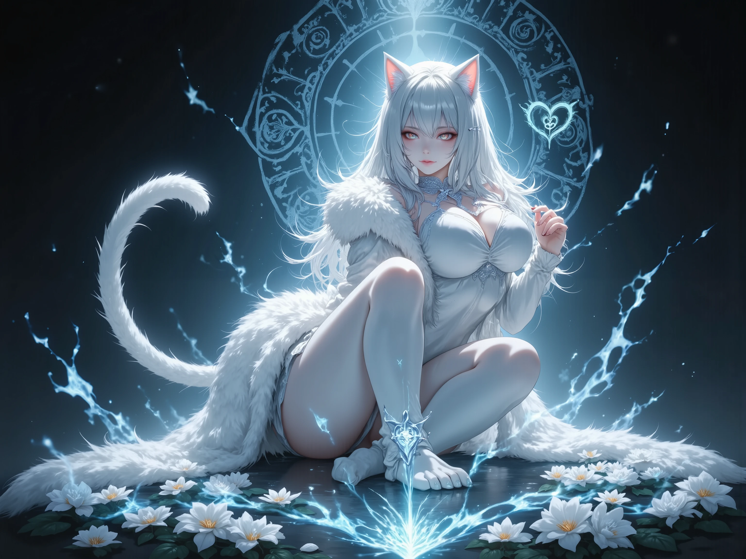 cat woman, Brilliant pure white body hair, sharp gaze, eyeshadow, eyeliner, Big Breasts, heart, long tail, on all fours, Cat&#39;s paw
