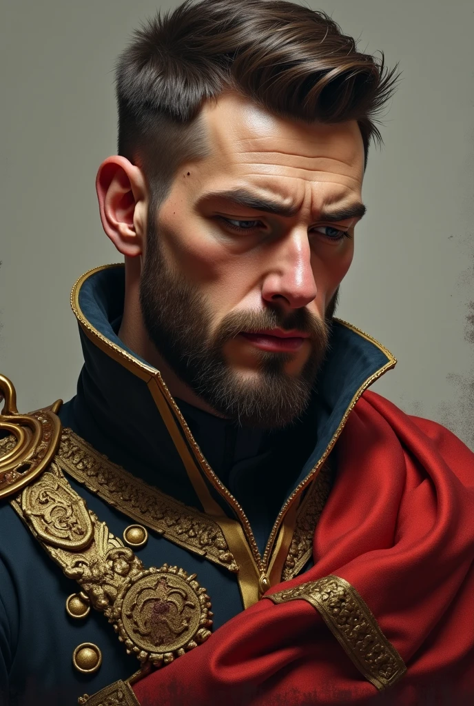 Image of a king with short hair and medium beard, With an expression of regret