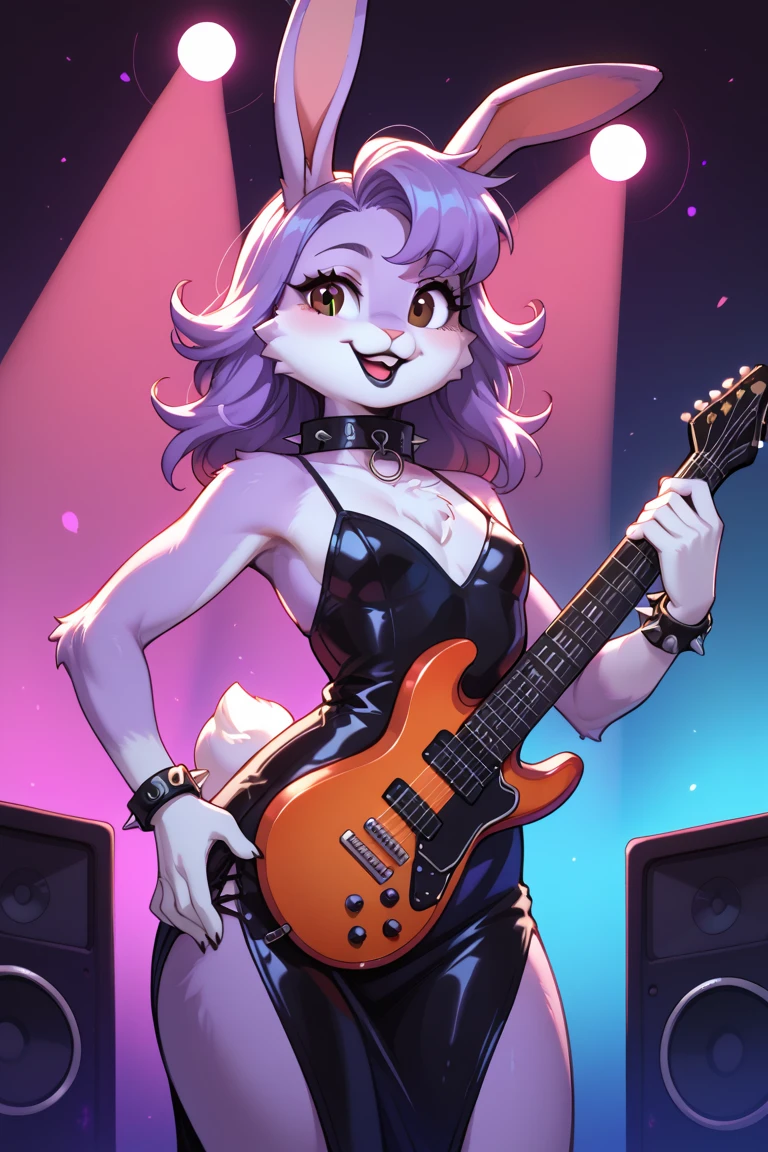 A detailed, source_furry, BREAK, anthro, girl, solo, furry woman with long wavy purple hair, sunny meadow, Furry bunny, bunny ears, bunny tail, brown eyes, lilac fur, purple fur, body is purple with white chest, her fur is light purple. Petite, black cocktail dress, small chest that’s extra fluffy, wide hips, curvy, mature, tuff cheeks, playing guitar, black guitar, metal music, on stage, metal concert, bright lights, one speaker, black lipstick, black eye shadow, spiked collar, spiked bracelets, High quality, 8K, by swaybat, by reysi, by Zackary911, by fumiko, by Pixelsketcher
