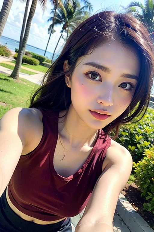 ((Highest quality, 8ก, Masterpiece: 1.3)), Sharp focus: 1.2, Beautiful women in perfect style: 1.4, Slender stomach: 1.2, (หน้าอกbigโต: 1.3, Breast augmentation, เต้านมbig), ((dark brown hair, big: 1.4)), Angel Face, detailed face, beautiful girl, cute, Short T-shirtสีขาว, Short T-shirt, Short denim skirt, Short denim skirt, Short denim skirt, during, Waikiki Beach: 1.2, palm tree, (front shot), (full length photo: 1.3,), Highly detailed facial and skin textures, Detailed eyes, Double eyelids