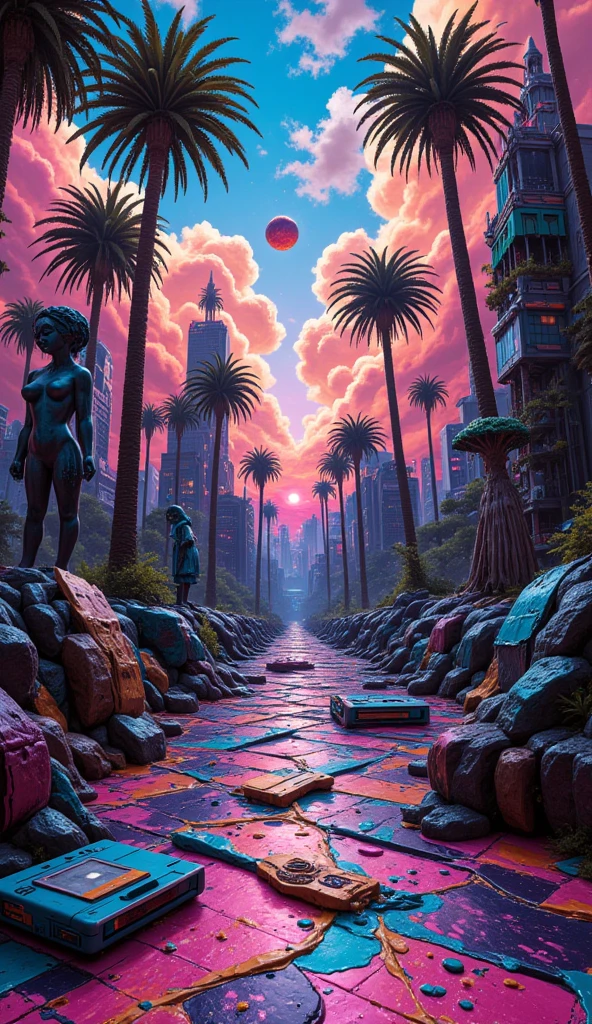 {{A ((chaotic)) depiction of {((a fragmented cyberspace landscape with melting statues, glitchy palm trees, and floating floppy disks))}} with {((color trails distorting in real-time and music visualizers pulsing through the sky))}. This is a {((psychedelic vaporwave))}-inspired image that showcases {((digital decay clashing with retro beauty))}. The environment/background should be {((a vast open grid-world stretching infinitely with no real horizon))} to create an {((unsettling yet mesmerizing atmosphere))}. The image should be in the style of a {((surreal digital painting))}, incorporating elements of {((Japanese city pop covers, Windows 95 UI, Salvador Dalí, and TeamLab installations))}. The {((panoramic shot))}, captured with a {((fish-eye))} lens, will provide a {((distorted, immersive dreamscape perspective))}. The lighting should be {((saturated and reactive))}, emphasizing {((color shifts based on emotional tone))}. The desired level of detail is {((maximalist and chaotic))} with a {((8K resolution))}, highlighting {((glitch veins, morphing textures, and scanline overlays))}. The goal is to create a {((mind-melting visual experience))} that captivates viewers with its {((intense sensory overload))}.