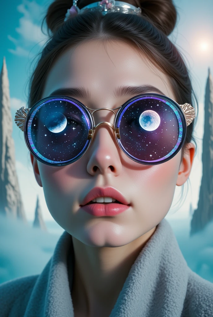 The model is wearing glass sunglasses with stars and the moon on the glass