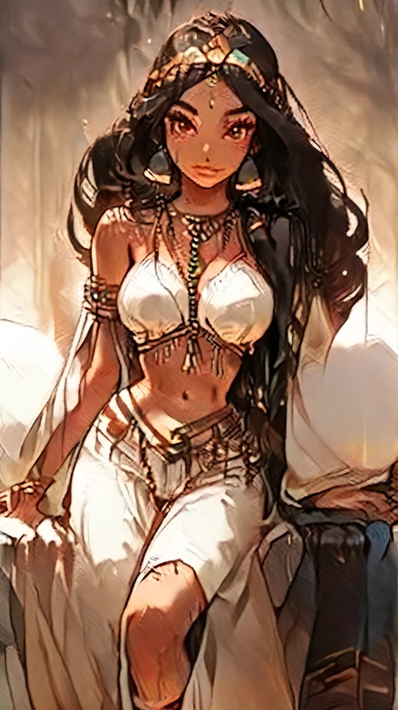 an Arab woman in her twenties, mid-length curly black hair, dark skin, small breasts, ice blue eyes, black tattoo on the left arm, she nude!!!, penis instead of a pussy, arms crossed, black baseball cap, arrogant, ghetto, sexy body, digital art style