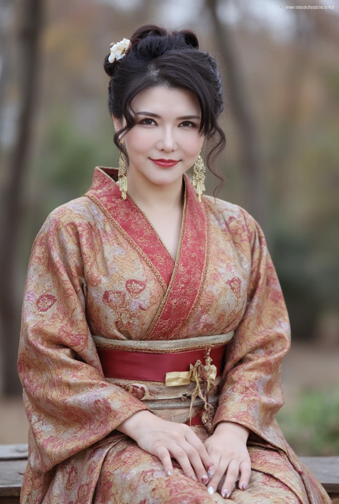 A close up of a woman in a kimono sitting on a bench, in kimono - SeaArt AI