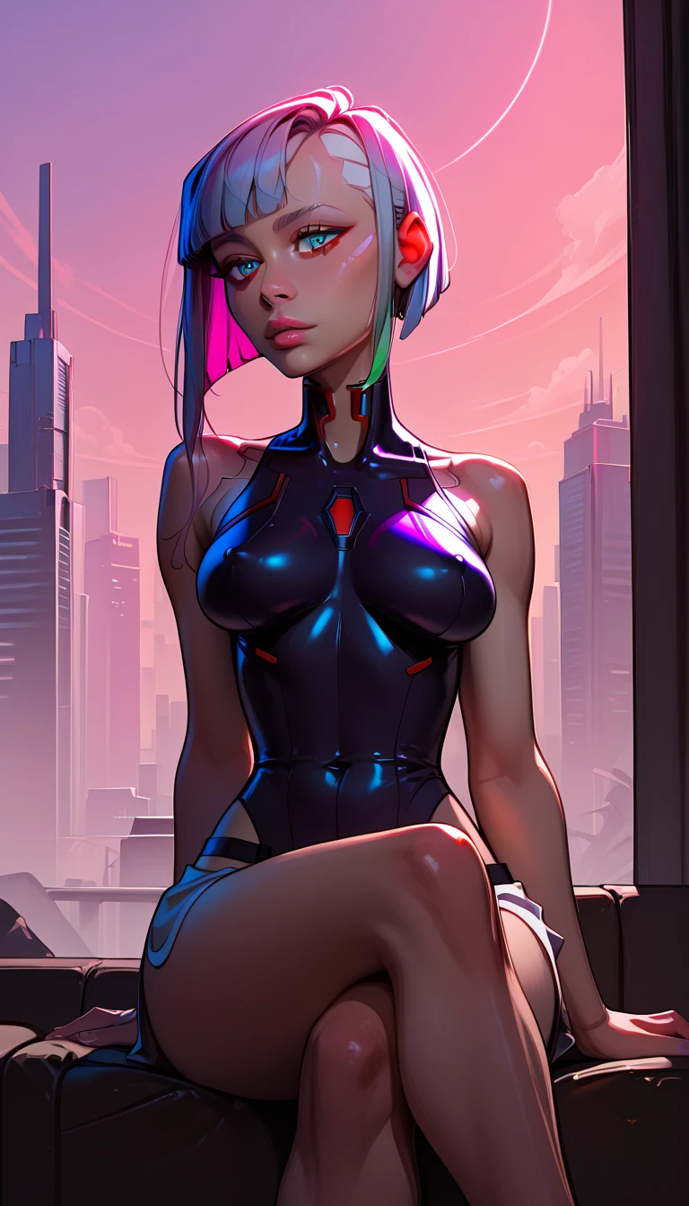 young beautiful woman, big firm breasts, perfekte Proportionen, absolut nackt, it's in the kitchen, in der Zukunft, Durch das Fenster sieht man eine futuristische Stadt mit Wolkenkratzern und vielen bunten holografischen Werbeanzeigen, Cyberpunk, Anime, sexy, erotisch, UHD resolution, realistische Details, realistische Reflexionen, realistische Schatten, 3D, Meisterwerk, Kunst