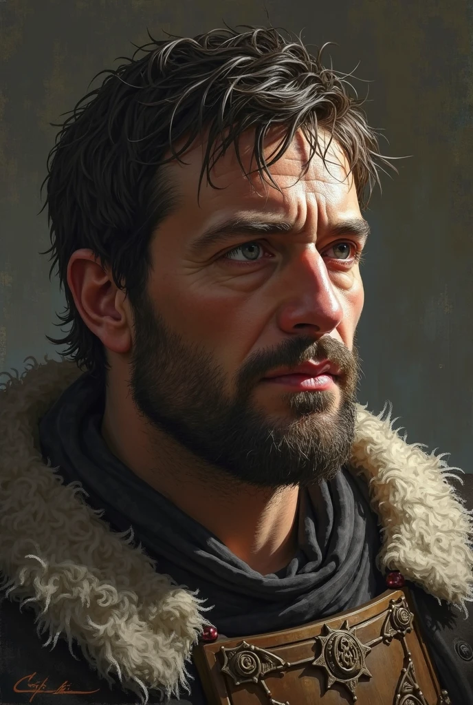 Image of a king with short medieval hair and medium beard/Great with an expression of regret