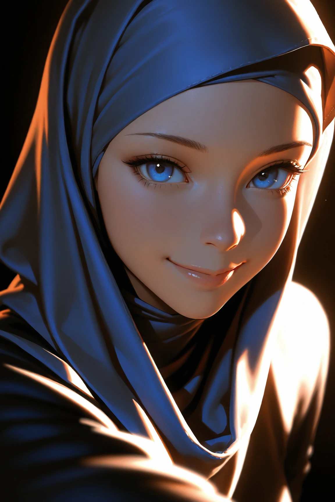 masterpiece, absurdres, best quality, newest, ambient lighting, very aesthetic, dark background, ultrahd, high contrast, realistic, close-up, 1girl, solo, Wearing Proper Hijab, blue eyes, smile, dynamic pose, dynamic angle,