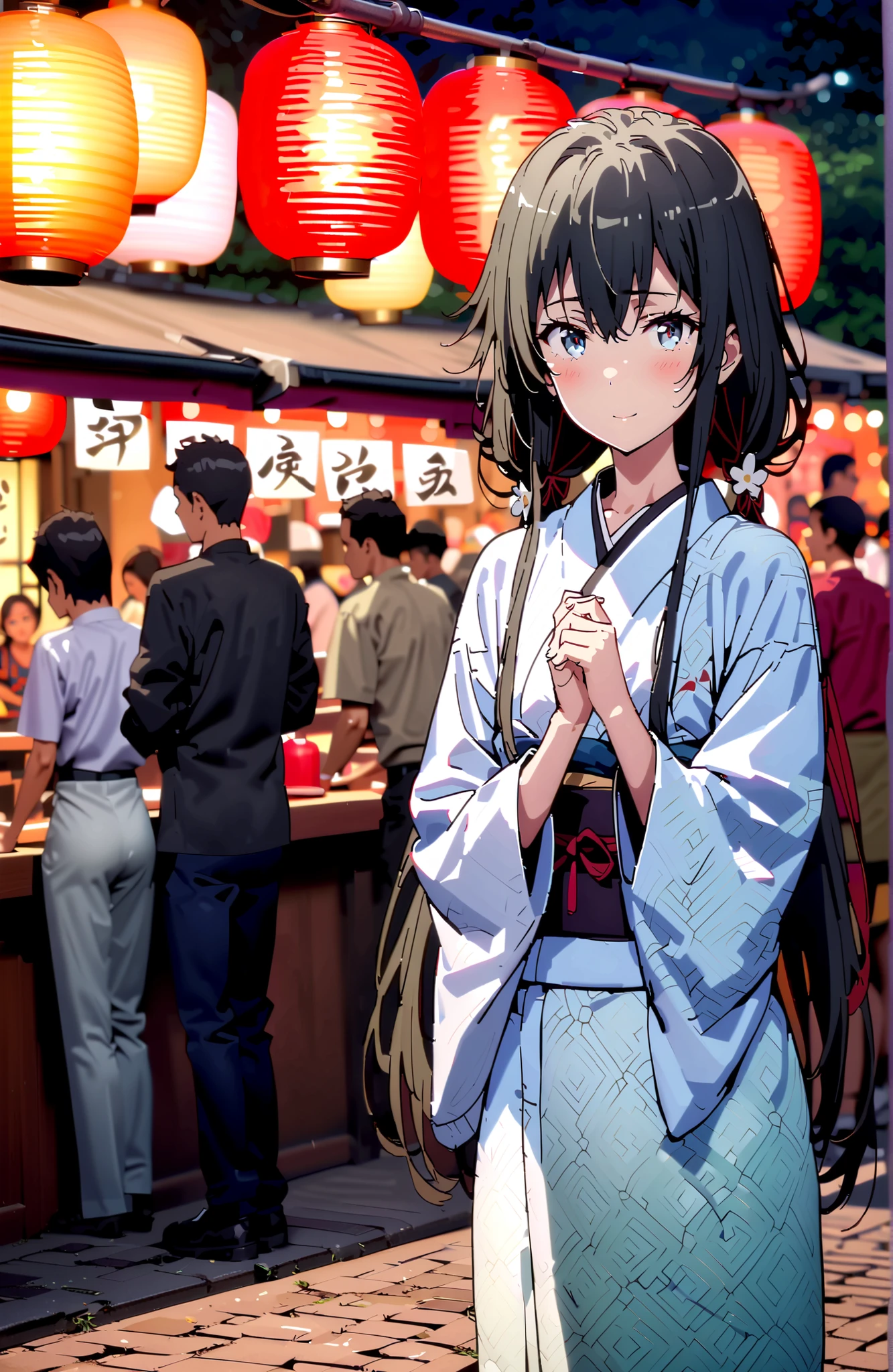 Yukinoshita Yukino , Yukinoshita Yukino, solo,black hair, blue eyes,stupid hair,Low Twin Tails,long hair,White flower pattern kimono,flower hair ornament,smile,blush,close your mouth,Light up fireworks,Japanese stalls ,Red Lantern,crowd,night,standing,full bodyがイラストに入るように,break outdoors, Japanese Festival,
break looking at viewer,full body,
break (masterpiece:1.2),top quality ,Kampala,unity 8k 壁紙,(shape:0.8),( fine, beautiful eyes :1.6),It's a person ,full body写真,CG Details , (perfect hand,Complete Anatomy),
