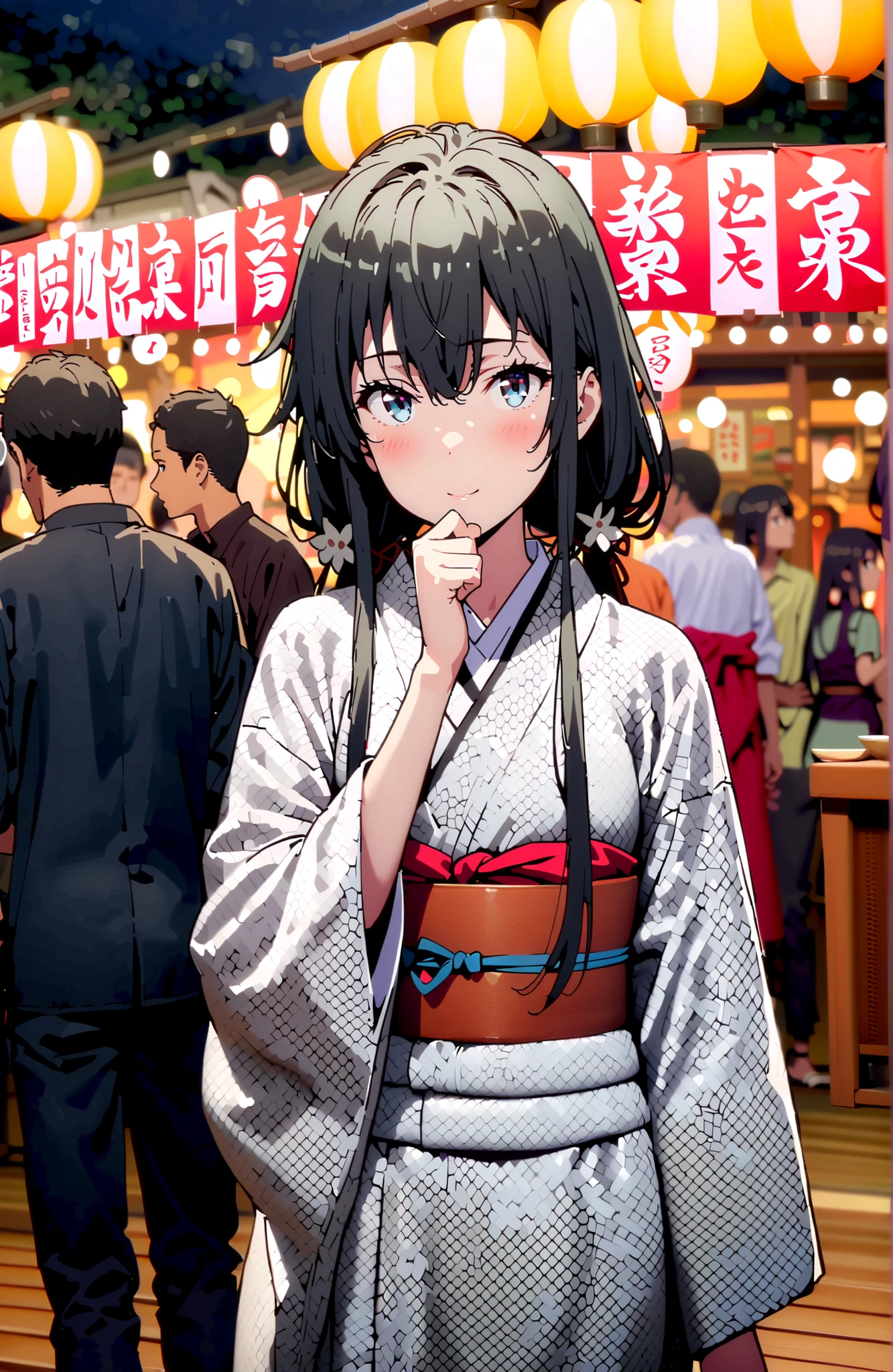 Yukinoshita Yukino , Yukinoshita Yukino, solo,black hair, blue eyes,stupid hair,Low Twin Tails,long hair,White flower pattern kimono,flower hair ornament,smile,blush,close your mouth,Light up fireworks,Japanese stalls ,Red Lantern,crowd,night,standing,full bodyがイラストに入るように,break outdoors, Japanese Festival,
break looking at viewer,full body,
break (masterpiece:1.2),top quality ,Kampala,unity 8k 壁紙,(shape:0.8),( fine, beautiful eyes :1.6),It's a person ,full body写真,CG Details , (perfect hand,Complete Anatomy),