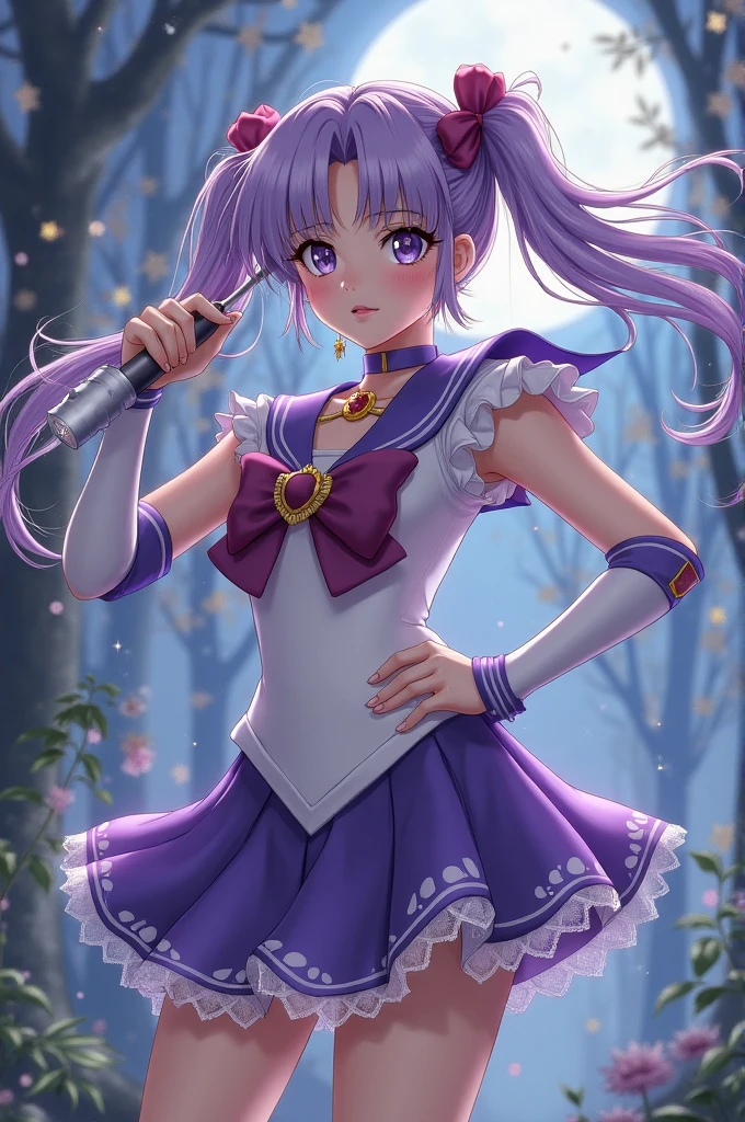 (Masterpiece), Best Quality, ultra-detailed, 1girl (SMMars, Slender and sexy body, lovely breasts, dark skin, naked body, snake skin, white hair,very long hair, red eyes(snake eyes), half-closed eyes), evil face, smirk, parted lips, solo, facing viewer, looking at viewer, purple pleats skirt,heart, heart brooch,jewelry,purple bow, purple choker, purple gemstone, purple sailor collar, shirt, short sleeves, ultra mini skirt, elbow gloves, full moon, outdoor, fog, standing, Sexy waist teasing, a provocative pose