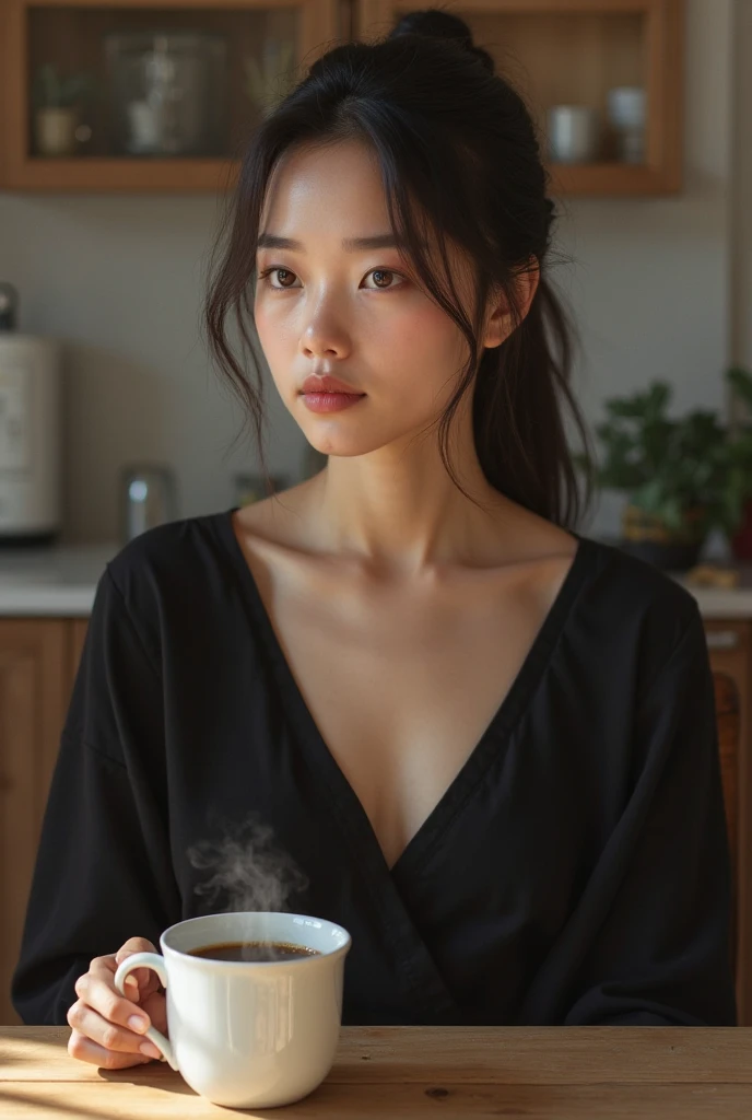 A girl of 30 years old, He is wearing black linen in the kitchen and sitting on the table, and there is a mug of coffee next to him, Light skin, lighter than swarthy,  eye color brown