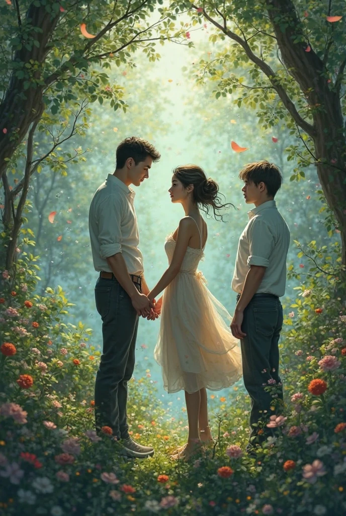 a man and a beautiful woman holding hands and a man watching them, look sad(the three of them their back is the one must be seen) in a beautiful garden