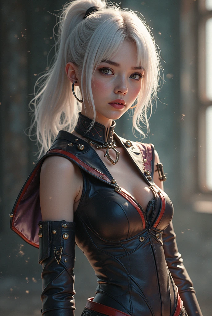 Sexy ninja girl crawling across the floor cleavage, with mouse ears silvery white hair, perfect hands, fully body